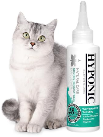 HYPONIC No-Sting Hinoki Cypress Ohrreiniger für alle Katzen | Zertifiziertes Hypoallergen | Alles natürlich, sicher und ungiftig Duftfrei 120 ml