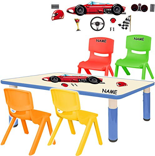 alles-meine.de GmbH Sitzgruppe für Kinder - Tisch + 4 Kinderstühle - Größen & Motiv & Farbwahl - Auto - Rennwagen/blau - inkl. Name - höhenverstellbar - 1 bis 8 Jahre - Plastik..