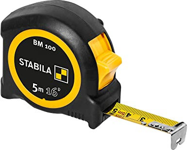 STABILA Mètre ruban BM 100, 5 m (16'), échelle en cm/pouces, boîtier en ABS incassable, crochet initial mobile, clip ceinture, précision MID
