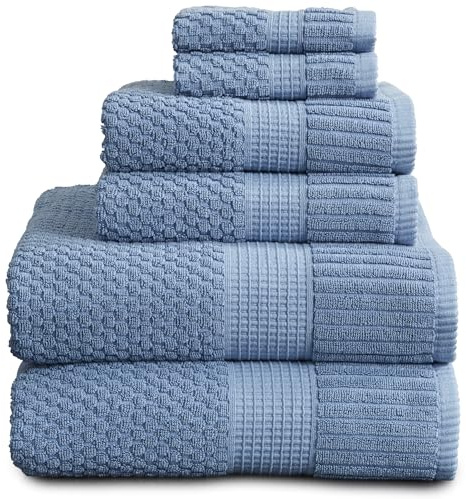 NY Loft 100% Cotton Towel Set 6 Piece | Super Soft & Absorbent Quick-Dry 2 Bath Towels 2 Hand Towels and 2 Washcloths |Textured and Durable Cotton | Trinity Collection (6 Piece Set, Blue Shadow)