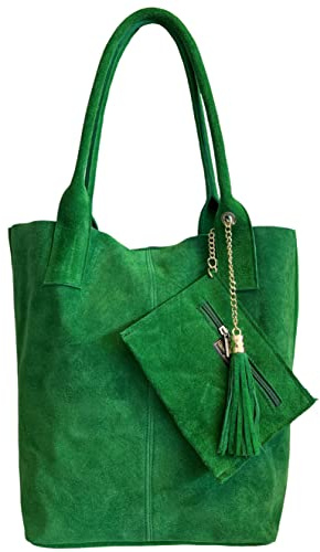 Modarno Borsa shopper da donna in vera pelle scamosciata, con custodia per gioielli dello stesso colore - Borsa a mano - Borsa a spalla