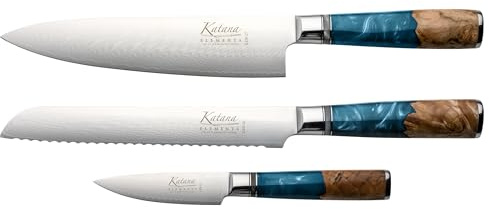 Katana Saya Elements 3-teiliges Messerset, Ozeanblau – VG-10-Damaststahl mit hohem Kohlenstoffgehalt für extreme Robustheit und Schärfe – Griff aus natürlichem Olivenholz und Harz