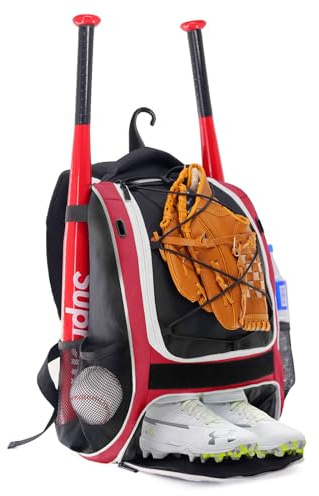 WOLT | Baseball Bat Backpack - Bag for Softball & T-Ball Equipment & Gear, Youth Girl & Adults Women, Holder for Helmet, Glove, Separate Shoes Compartment & Fence Hook (Red)