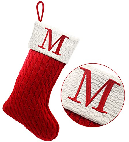 ZOEA 20 Inches Christmas Stockings with Initials, Large Embroidered Letter Knit Christmas Stocking for Family Holiday Decorations and Xmas Gift (M, Red)