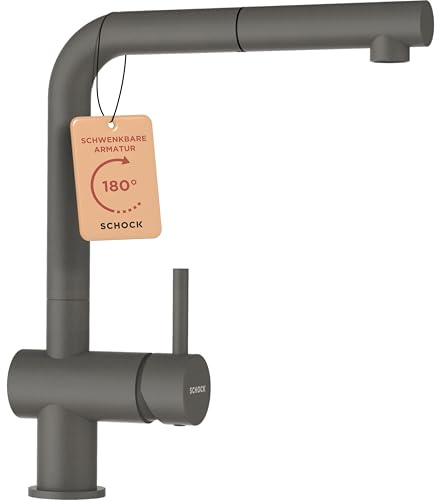SCHOCK® Küchenarmatur Epos Silverstone I graue Hochdruck Armatur mit ausziehbarer Schlauchbrause I 360° drehbar I Spültischarmatur mit Standard-Norm-Anschlüssen I modernes Design I Einhebelmischer