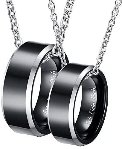 Partner Ketten Anhänger aus Wolfram, 8MM Ring Anhänger Abgeschrägte Kante Gravur Ich Liebe Dich Partnerketten mit Wunschgravur 2er, Silber Schwarz, Damen 54 Herren 62, 60cm & 50CM Länge