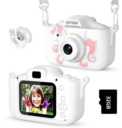 ASTGMI Appareil Photo pour Enfants, 2.0 Pouces Enfant Appareil Photo Numérique, Mini Caméra Rechargeable Caméscope Cadeau Jouet Filles Garçons de 3 à 10 Ans, vidéo HD 1080p, 32G SD Carte
