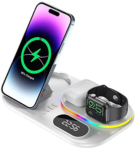 Techgear 4-in-1 kabellose Ladestation mit Uhr und Licht, 30 W schnelle kabellose Ladestation für iPhone 14/13/12/11/XR/XS/Max, Air Pods 3/2/1/Pro, Apple Watch Serie 8–2, Samsung S23/22 U. ltra etc