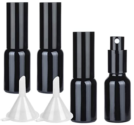 LusDoly 4 Pezzi 15ml Nero Vetro flacone spray Con Sprayer Nero ideale per nebulizzazione Spruzzatori d'Acqua per Cosmetica Profumo, Imbuto