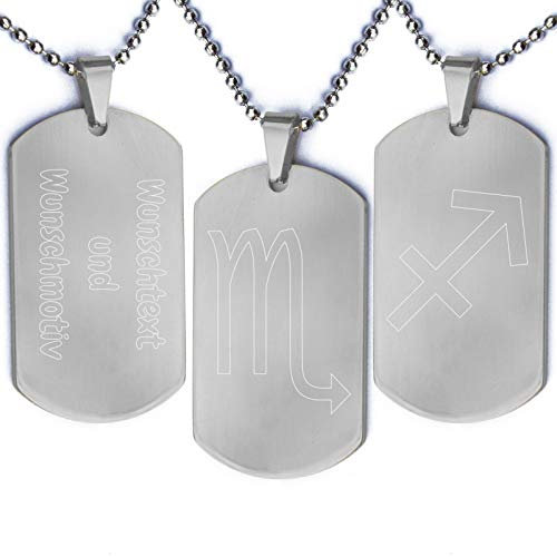 Sternzeichen Dog Tag | Anhänger aus Edelstahl | Schwarz Silber Gold | Geburtstag Horoskop | Army Militär Erkennungsmarke | Beidseitige Wunschgravur | Halskette Edelstahl Kugelkette Silber