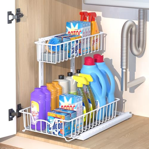 Under Sink Storage Organiser, 2 Tier Pull Out Kitchen Sliding Basket, Metal Cabinet Sliding Basket Drawer Rack, Multi-Purpose Under Sink Organizer Racks for Kitchen, Bathroom, Countertop (White)
