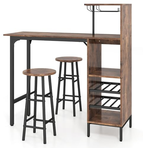 LIFEZEAL Set Tavolo e 2 Sgabelli da Bar,Bancone e 2 Sedie da Pranzo,Porta Bottiglie da Vino,Porta Calici,4 Ripiani,Salvaspazio,Cucina,Soggiorno,Ristorante,Legno e Metallo (caffè),120 x 40 x 121,5 cm
