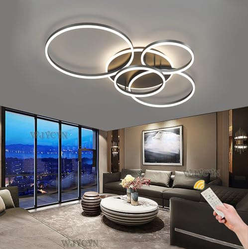 Dimmbare LED Deckenleuchte groß Wohnzimmerlampe 90W 5800LM Schwarz Modern 5-Ring Deckenlampe mit Fernbedienung Kreative Metall Acryl Design Beleuchtung für Wohnzimmer Schlafzimmer Esszimmer 100cm