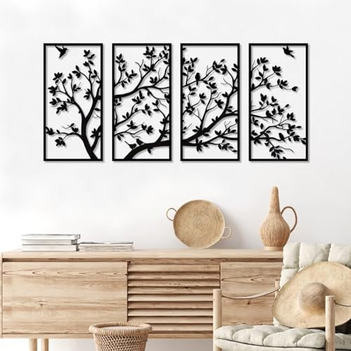 Großes Metall Baum von Leben Wand Kunst,4 Stück Metall Wanddekoration für Schlafzimmer, Wohnzimmer,(Schwar,25 cm x 50 cm)