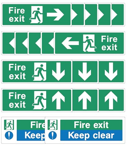 Fire Exit Sign Bundle [Pack of 18] - Arrow, Keep Clear, Emergency, and Escape Signs - Compliant, Easy Peel Installation (Self Adhesive)