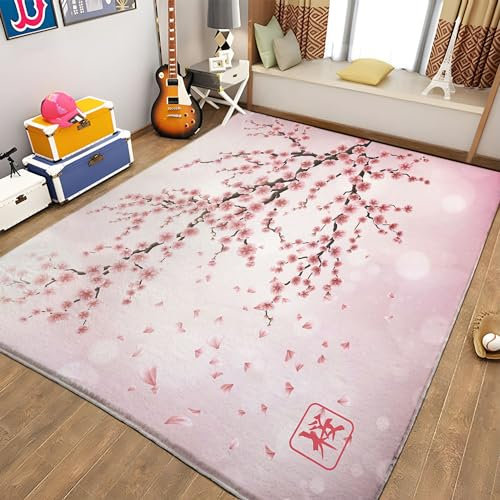 Teppiche Gegend Sakura Japanisches Rosa Teppich Wohnzimmer 60 x 90cm Waschbarer Teppich Kurzflor Teppich Anti-Rutsch Unterseite Heimdeko für Schlafzimmer