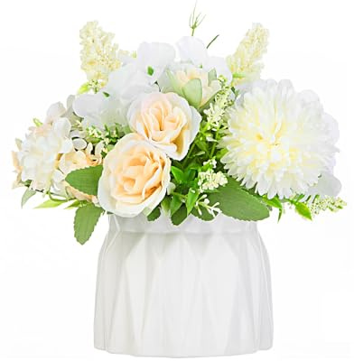 Gioyonil Artificial Flower Arrangement in Vase, White Silk Rose Hydrangea Chrysanthemum Fake Flower Bouquet with Ceramic Vase for Wedding Dining Table Centerpiece Bathroom Kitchen Decor