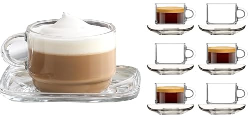 BOHEM'S Juego de 6 tazas de café expreso apilables, vasos de café expreso pequeños Demitasse de vidrio transparente, tazas y platillos, vasos de chupito de espresso, tazas de café expreso