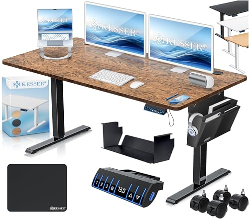 KESSER® höhenverstellbarer Schreibtisch elektrisch 140 x 70 cm, ergonomischer Steh-Sitz Tisch mit 3-Memory-Funktion, Stehtisch für Homeoffice, Inkl. Zubehör, USB-Ladeanschluss & 360° Rollen, Braun