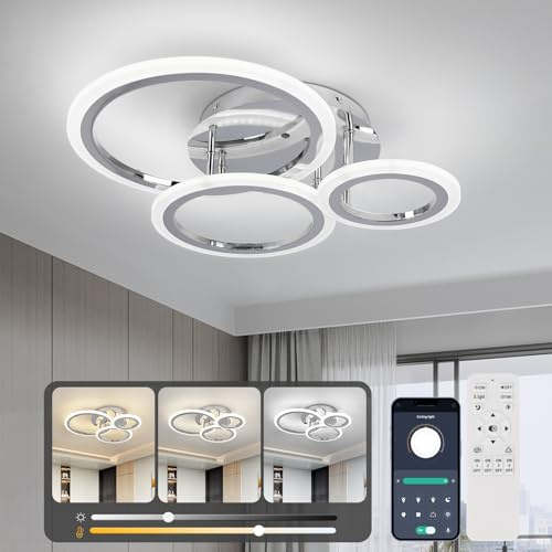 EIDISUNY Dimbar LED-taklampa, 35 W, 58 cm, silver, modern taklampa med fjärrkontroll, 3 000 K-6 500 K, 3 ringar, sovrum, LED-belysning för kontor, kök, rum