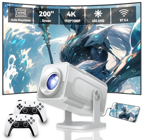 Mini Projector 4K With 2 Wireless Controller, 1920 * 1080p Home Bedroom Cinema Built-in 30000 Games, 200” Protable Smart Video Projector Support IOS/Android/Windows, Auto Keystone, WiFi 6 and BT 5.4