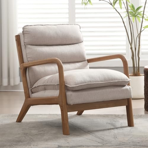 Modern Armchair, Upholstered Lounge Accent Chair with Plump Back Pillow, Comfy Reading Chair with Solid Wood Frame for Bedroom Living Room (1, Beige)