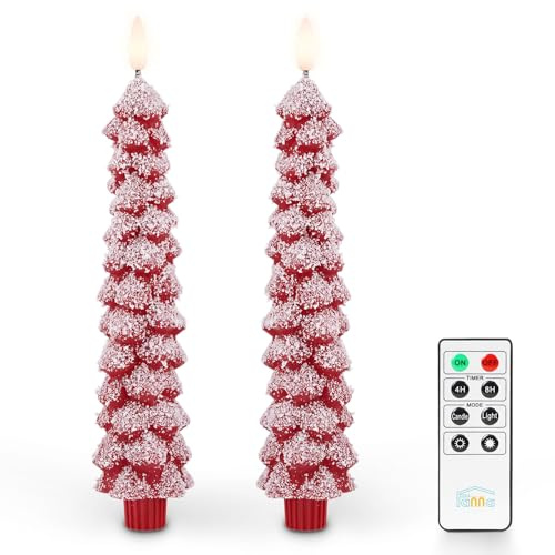 Fanna Red Christmas Tree Candles with Realistic Snow Covered, Flameless LED Taper Candles in Real Wax with Timer for Winter and Christmas, Battery Operated Candles with Remote - H 9.8 - Set of 2