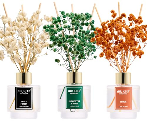 Airkeep Raumduft 50ml x3, Reed Diffuser mit Black Forest, Eucalyptus & Moss, Citrus, Raum Duft mit 24 Duftstäbchen, Lufterfrischer für Badezimmer, Wohnung, Heimdekoration