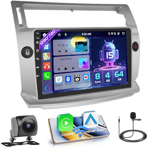 Hikity 8 Core 4+64G Autoradio para Citroen C4 2004-2009/C-Quatre 2008-2011 | 9 pulgadas Radio Android 15 con Wireless Carplay Android Auto y Bluetooth FM GPS WiFi DSP manos Libres Micrófono