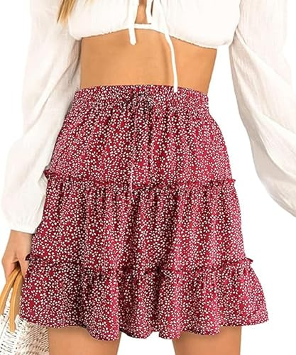 Jhsnjnr Women's Mini Bohemian Tiered Skirt Drawstring Elasticated Waist Ruffle Hem Cute Summer Beach Floral Skirts