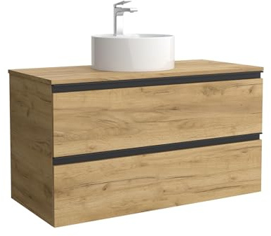 Mueble de Baño BEQUIA Metal 100cm Roble | Lavabo sobre encimera Porcelana Centrado