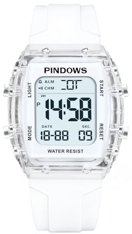 PINDOWS Digitale Sportuhr für Damen, transparentes Gehäuse, helles LED-Licht, 5 ATM wasserdicht, Stoppuhr-Alarm, Dualzeit, stilvolle Uhr für aktive Damen und Teenager