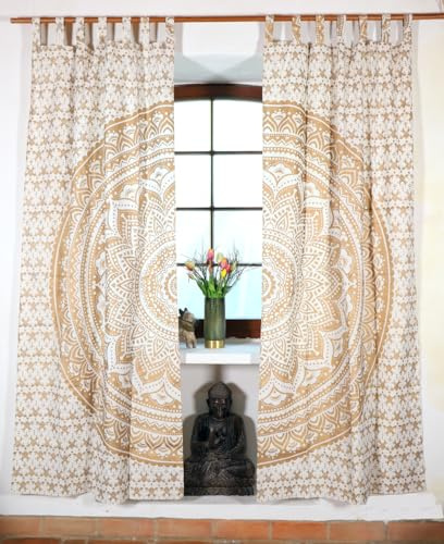 Boho Vorhänge, handbedruckte Ethno Style Gardine, Mandala Motiv, weiß/gold | Blickdicht, 100 % Baumwolle, Schlaufen für einfache Montage, Leuchteffekt bei Tageslicht, inkl. Drapierbändchen.