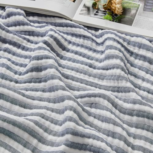 EMME Musselin Decke 100% Baumwolle 150x200 Gestreift Navy Tagesdecke | 4-Lagig Weiche Atmungsaktive Sofadecke & Überwurf Für Erwachsene Ganzjährig Vorgewaschen Couch Bettdecke