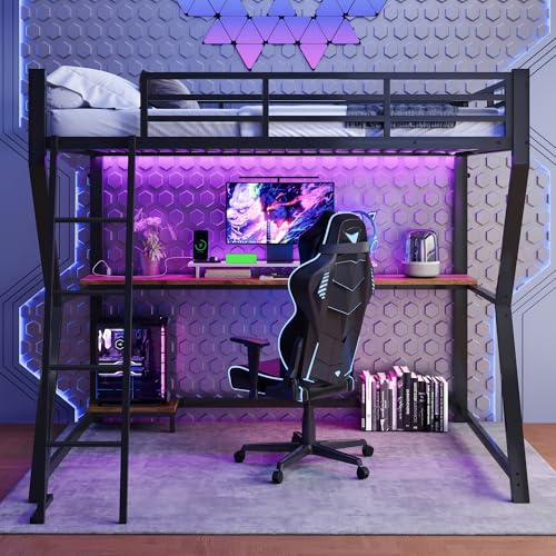 Hochbett 90×200 Schwarz mit LED & USB-Anschluss – Metall Gaming Bett mit Schreibtisch, Ablage & Treppe, stabiles Jugendbett platzsparend für Kinderzimmer, Studentenwohnung & Schlafzimmer