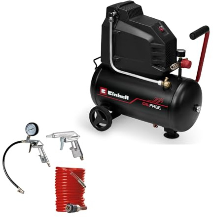 Einhell Kompressor TC-AC 190/24/8 I OF (1100 Watt, max. 8 bar, 24-Liter-Tank, 190 l/min Ansaugleistung, ölfrei, wartungsarm, Manometer, Druckminderer, inkl. Druckluftset)