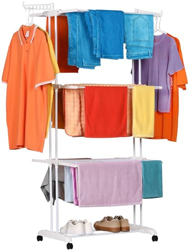 NK Etendoir Linge Interieur-Exterieur Pliable à 4 Niveaux - 6 Plateaux Rétractables + 2 Ailes Latérales avec Support pour Cintres + Porte-Chaussures, roulettes 360°, Couleur Blanc (19m de Linge)