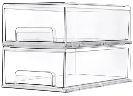 2 Pezzi Grande Organizer Cosmetico in Acrilico, 33,5 x 20,5 x 11 cm | Organizer Trucchi Cassetti Trasparente, Contenitori per Frigorifero con Cassetto Estraibile per Cosmetici, Bagno
