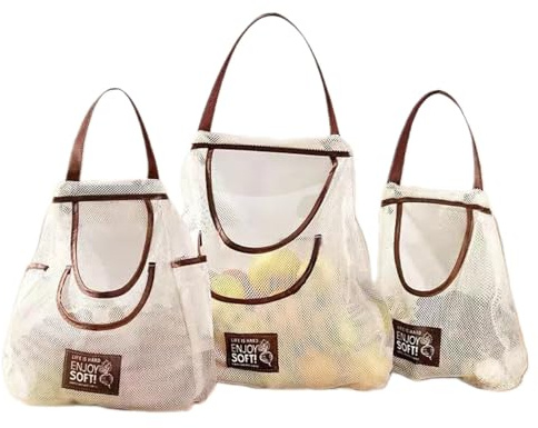 Twcyws 3 Pcs Grocery Mesh Bags, Reusable Produce Bags,Hanging Net String Shopping for Vegetables and Fruits Such as Potatoes, Onions, Tomatoes etc（Off White）