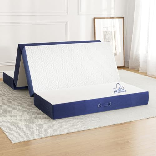 Doubleslee Folding Mattress Double with Washable Cover 135x190x10cm | Memory Foam Foldable Double Mattress, 4-fold with removable cover used for Travel, Camping, Guest Bed, Dorm, Caravans