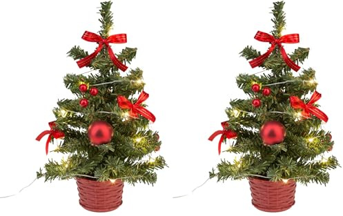 Idena 31486 - Deko-Weihnachtsbaum mit 20 LED in Warmweiß, ca. 25 cm hoch, mit rotem Baum-Schmuck im Topf und USB-Anschluss, Deko für Innen, als Winter-, Advents- und Weihnachtsdeko (Packung mit 2)