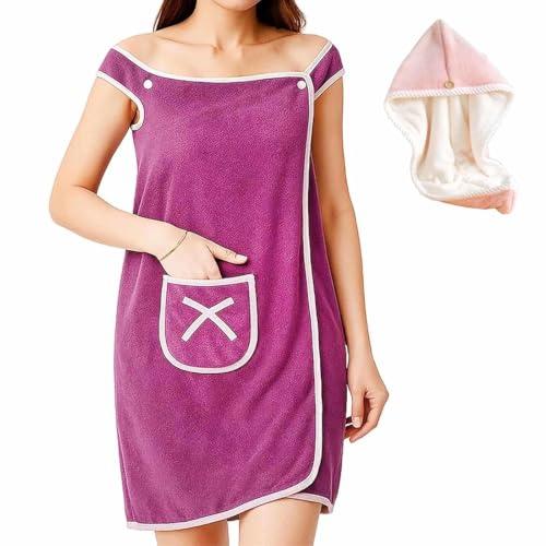 YUNFAN Gonna Doccia Indossabile Donna Taglie Forti,Morbido Abito Doccia Ad Asciugatura Rapida,Bagno Avvolgente Regolabile In Pile Corallo,Con Bottoni Automatici E Tasca,Per Casa,Spa,Sauna(Viola,L)