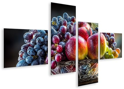 islandburner Quadro su tela, cesto di frutta fresca, con mele e uva, da parete, 4 pezzi, edizione X1