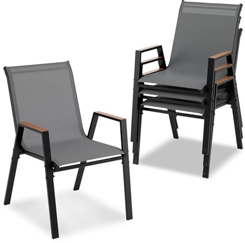 COSTWAY Gartenstühle stapelbar 4er Set, Stapelstühle, Terrassenstühle mit Armlehnen, Balkonstühle bis 180 kg belastbar, 56 x 66 x 88 cm, Grau
