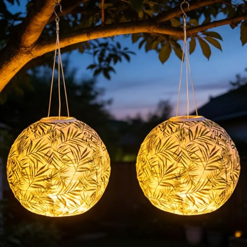 Solar Lampions Außen Wetterfest, 2 Stück 25 cm Solarlampion für Außen Hängend, IP65 Wasserdicht Solarlampen Vintage Muster Warmweiß, Nylon Solar LED Laternen für Garten Party Fest Hof Sommer Deko