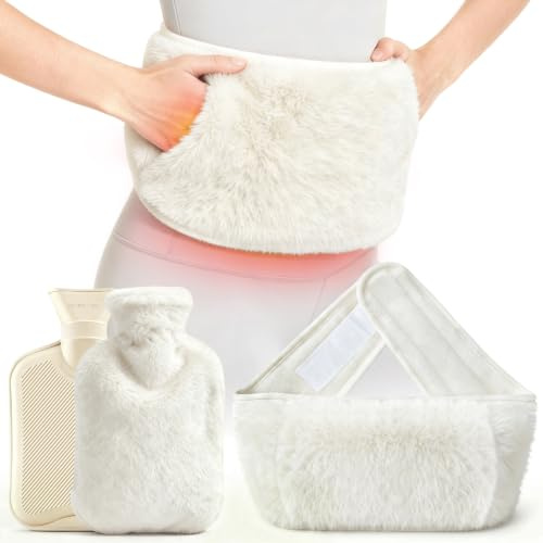 Värmeflaska bälte varmvattenflaska bälte 130 cm extra lång, Vit | presentförpackning, Premium mjuk värmebälte för mens med överdrag och läckagesäker varmvattenflaska för rygg och mage