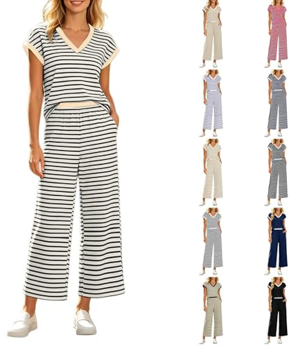 Sobzia Completo Donna Estivo,Tuta Estiva in Due Pezzi, a Righe, Camicia a Maniche Corte e Pantaloni, Scollo a V, Tuta da Casa, Elegante, per Ufficio, Lavoro, Lounge Beige XXS