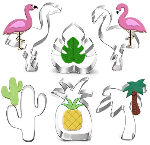 LUBTOSMN Hawaiian Cookie Cutter Set - 6 Piece: Cactus, Pineapple, Flamingo, Monstera Leaf, Palm Tree - Tropical Cookie Cutters for Summer Parties