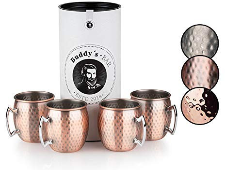 Buddy´s Bar - Moscow Mule Becher, 500 ml, hochwertiger Edelstahl-Becher, lebensmittelecht, Hammerschlag-Effekt, Cocktail-Tasse inkl. Geschenkbox, gehämmert, Kupfer Antik, 4er Set