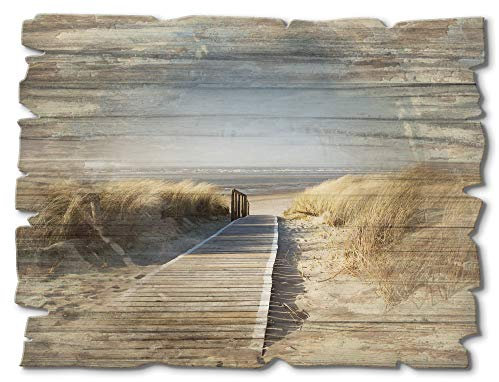 ARTland Wanddeko Bild aus Holz Holzbild vintage Deko 40x30 cm Querformat Strand Nordsee Steg Meer Küste Gräser Düne Himmel Maritim T5RM
